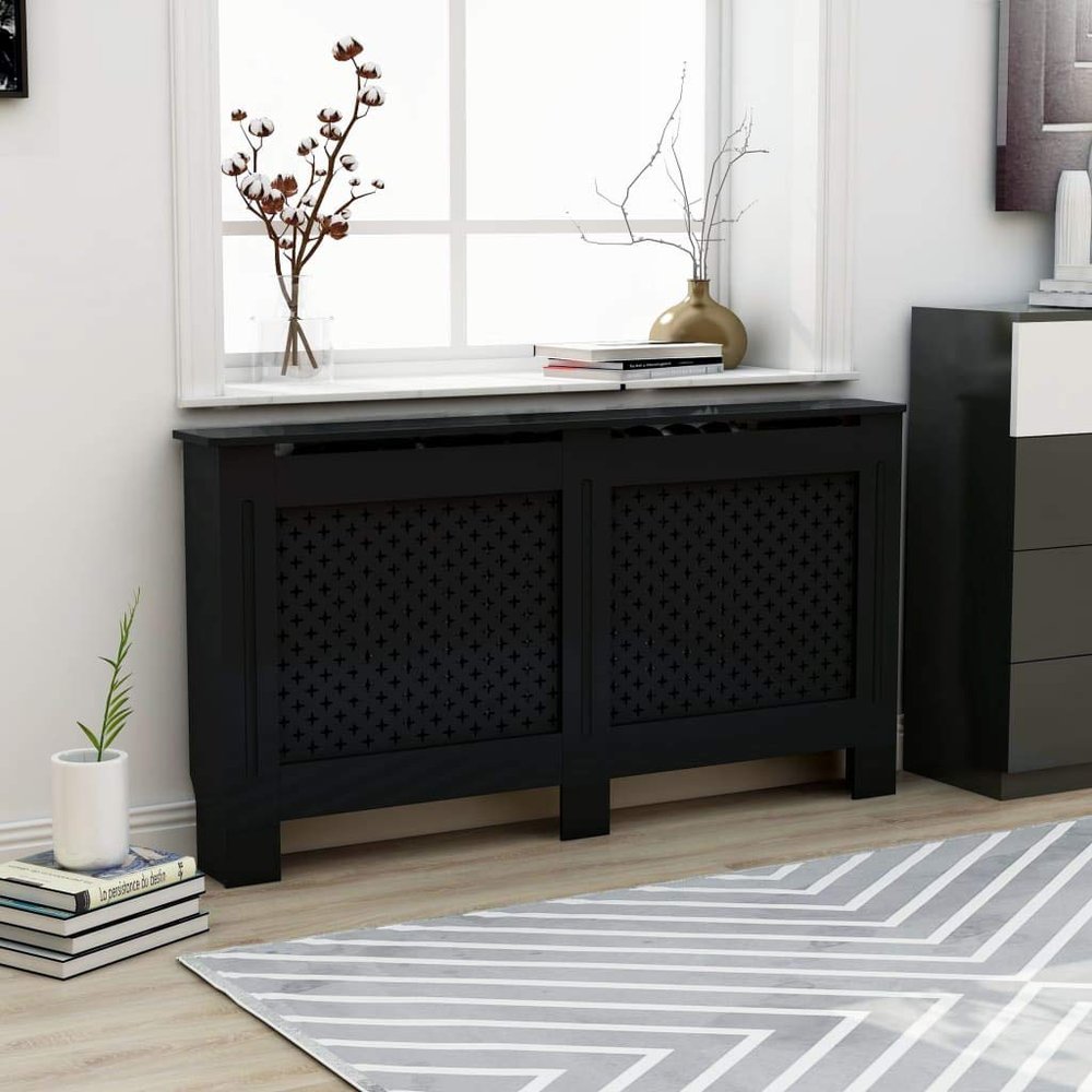 loibinfen Black Radiator Cover MDF Heater Cover Cabinet Shelf Household Appliance Heating Accessories, Living Room Furniture Decor, 59.8"x7.5"x32.1"/Cross Style