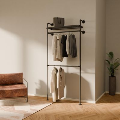 pamo Industrial Pipe Clothing Rack with Shelf - 440 lbs Capacity - Wall Mounted Clothes Rack and Walk In Closet with Metal Shelf for Wardrobe