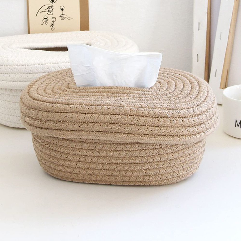 Cotton Rope Tissue Box, Cover Handmade Cotton Rope Napkin Tissue Holder Handmade Decorative Tissue Holder Cover Organizer, Home Decor for Bedroom Living Room Dresser and Office (Khaki)