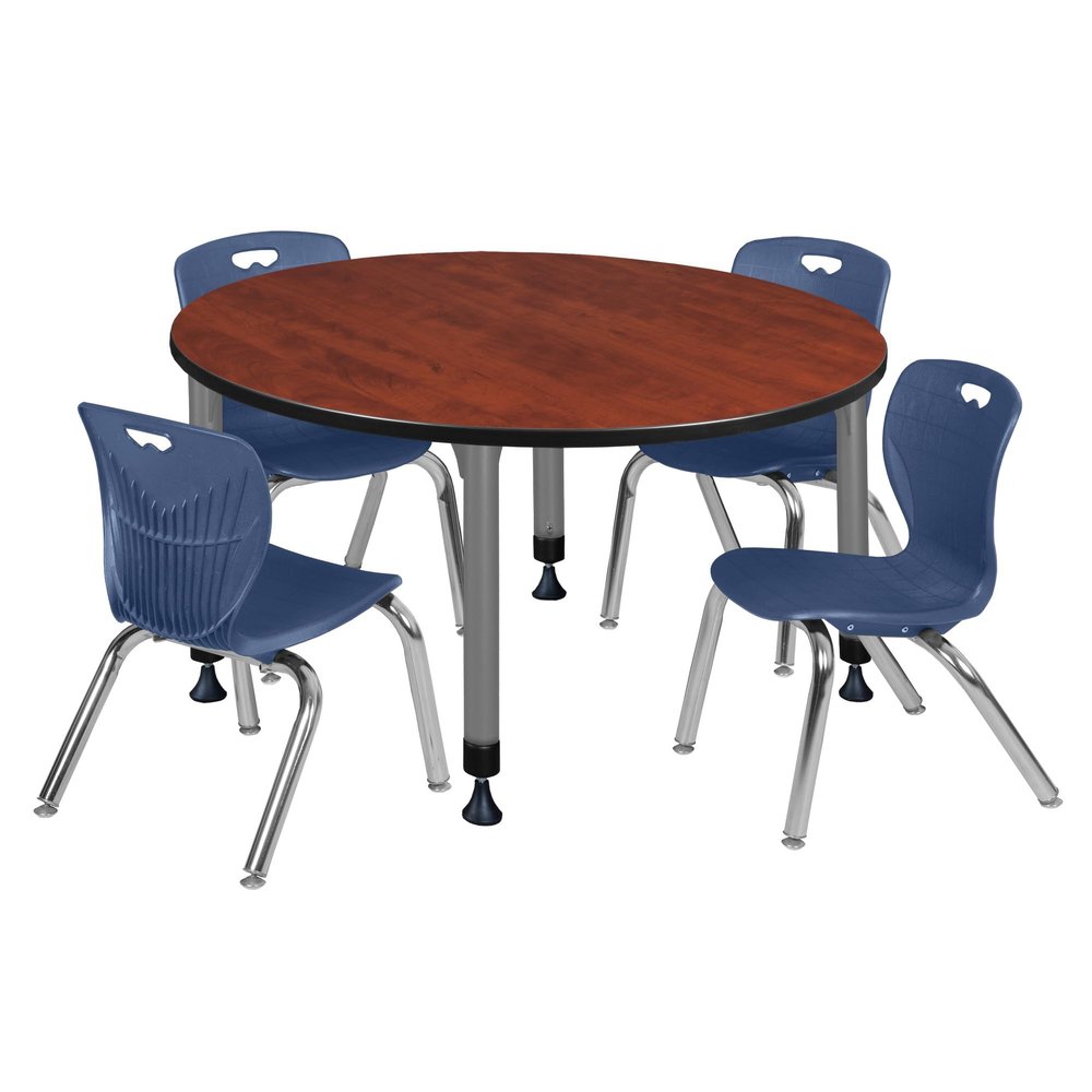 Romig Kee 48 in. Round Adjustable Classroom Table- Cherry & 4 Andy 12 in. Stack Chairs- Blue & Grey Base