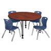 Romig Kee 48 in. Round Adjustable Classroom Table- Cherry & 4 Andy 12 in. Stack Chairs- Blue & Grey Base view 1