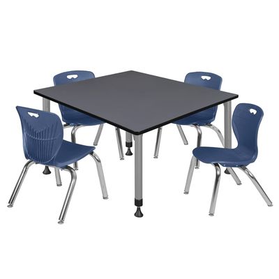 Romig Kee 48 in. Square Adjustable Classroom Table- Grey & 4 Andy 12 in. Stack Chairs- Blue & Grey Base