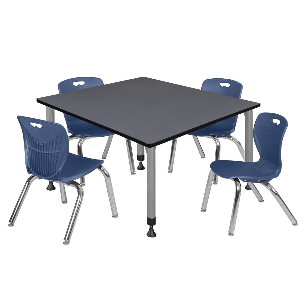 Romig Kee 48 in. Square Adjustable Classroom Table- Grey & 4 Andy 12 in. Stack Chairs- Blue & Grey Base