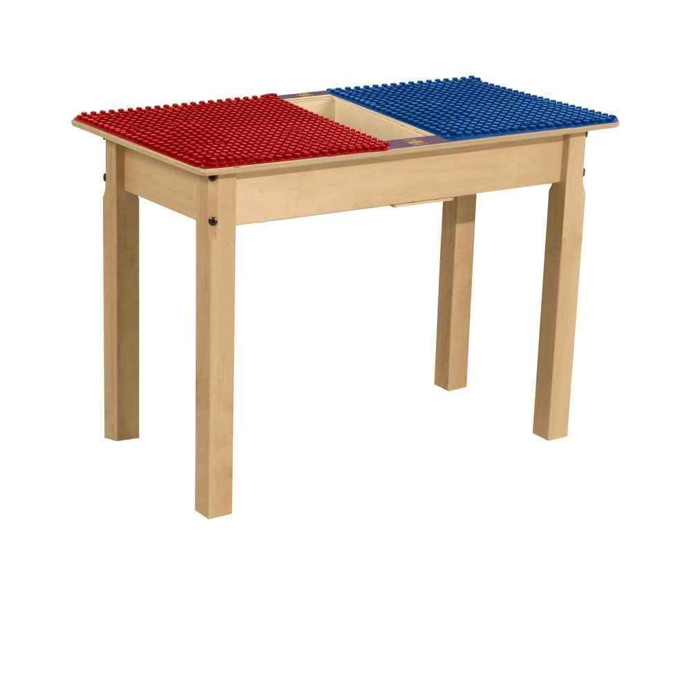 Contender Kids 35W X 15.5D Rectangular Montessori Compatible with Duplo Building Blocks Desk with a Trough, Children's Solid Wood Red & Blue Playroom Desk [20" Long Legs]