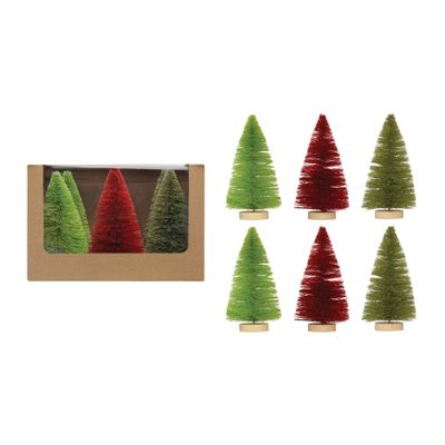 Creative Co-Op 2-1/2" Round x 6" H Sisal Bottle Brush Trees w/Wood Bases, Burgundy & Green Colors, Boxed Set of 6