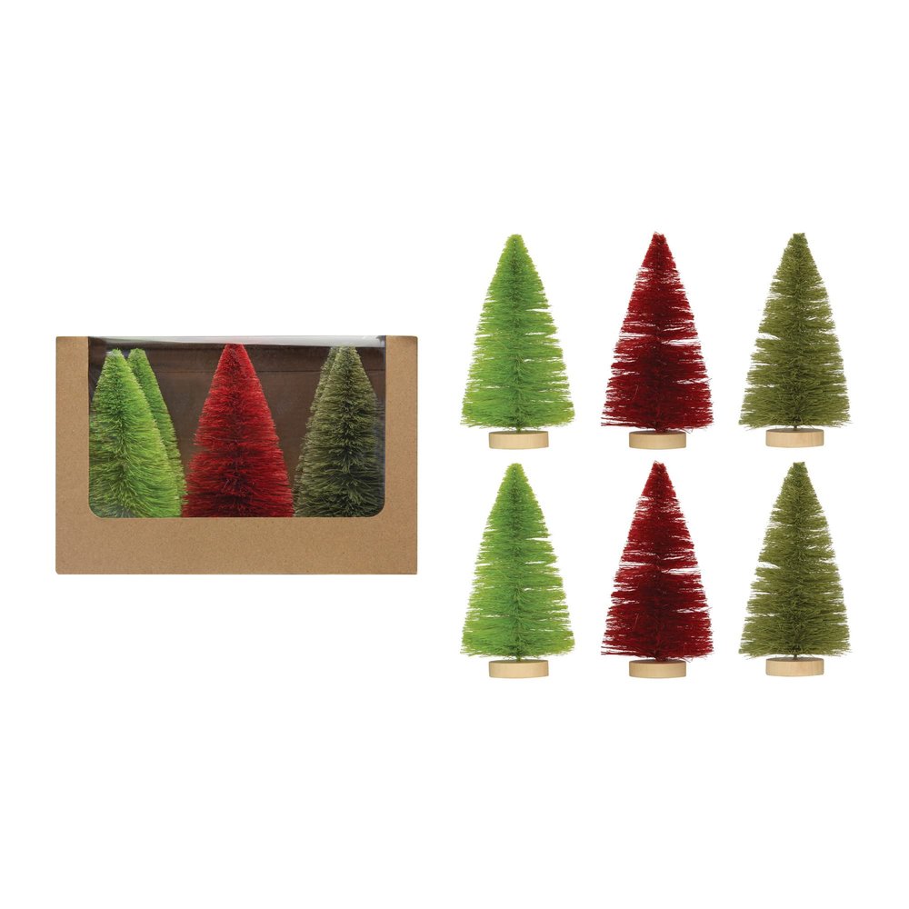 Creative Co-Op 2-1/2" Round x 6" H Sisal Bottle Brush Trees w/Wood Bases, Burgundy & Green Colors, Boxed Set of 6