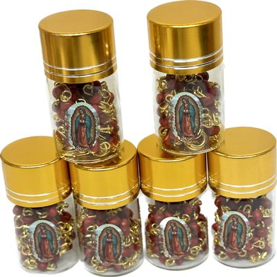 12pcs Our Lady Guadalupe Scented Rosary in Glass Gold Jar Bottle Beads Red Beaded Rosary Crucifix Necklace Virgin Mary Party Favors Recuerdos De Mi Bautizo Baptism Communion (Red Gold)
