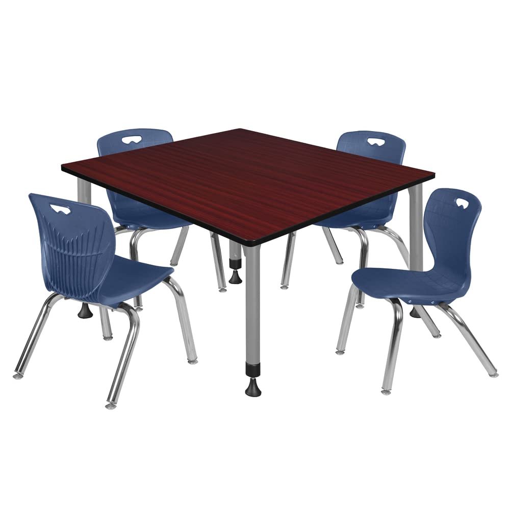 Romig Kee 48 in. Square Adjustable Classroom Table- Mahogany & 4 Andy 12 in. Stack Chairs- Blue & Grey Base