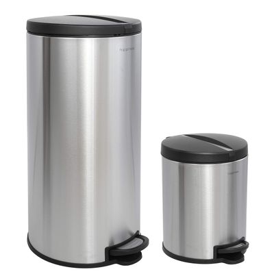eyely MPH1003B Mayer Round 8-Gallon Step-Open Trash Can with Free Mini Trash Can, Fingerprint-Proof, Soft Close, Bedroom, Bathroom, Kitchen, Large: 7.9 Gallon, Small: 1.3 Gallon, Silver