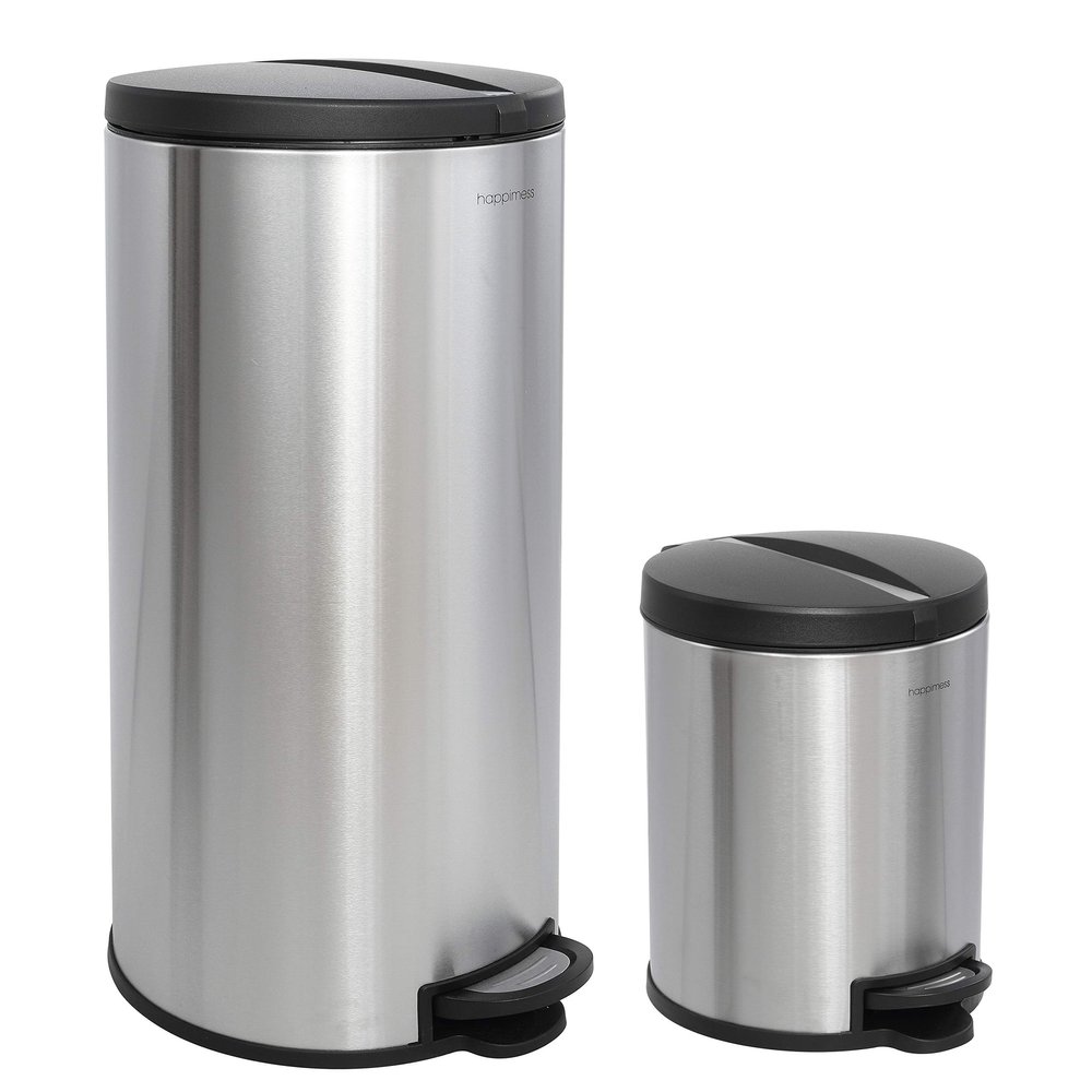 eyely MPH1003B Mayer Round 8-Gallon Step-Open Trash Can with Free Mini Trash Can, Fingerprint-Proof, Soft Close, Bedroom, Bathroom, Kitchen, Large: 7.9 Gallon, Small: 1.3 Gallon, Silver