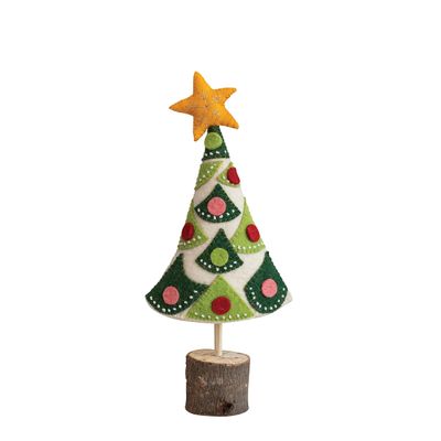 7" L x 2-1/2"W x 18" H Handmade Wool Felt Tree w/Star, Applique, Embroidery & Wood Slice Base, Multi Color
