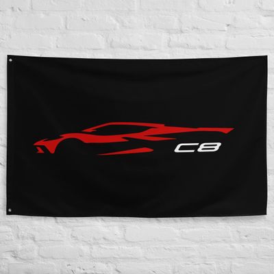 2022 2023 Sports Car Red C8 Outline Silhouette 8th Gen Vette Driver Garage Office Man Cave Banner Flag 34.5" x 56"