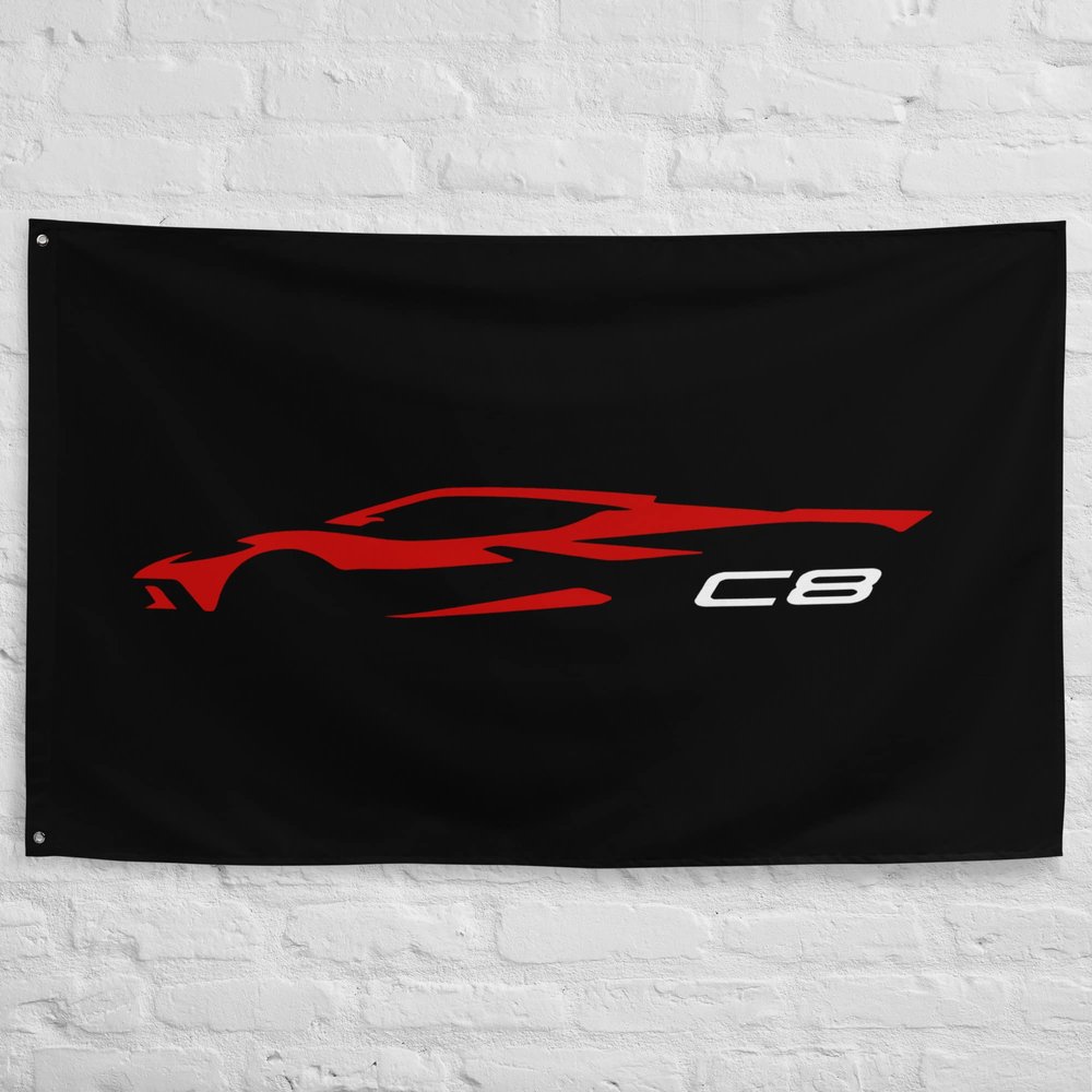 2022 2023 Sports Car Red C8 Outline Silhouette 8th Gen Vette Driver Garage Office Man Cave Banner Flag 34.5" x 56"