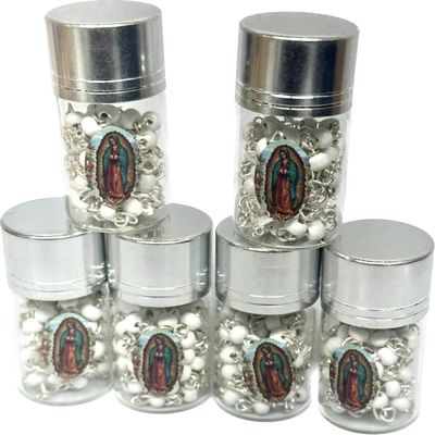 12pcs Our Lady Guadalupe Scented Rosary in Glass Gold Jar Bottle Beads Red Beaded Rosary Crucifix Necklace Virgin Mary Party Favors Recuerdos De Mi Bautizo Baptism Communion (White Silver)