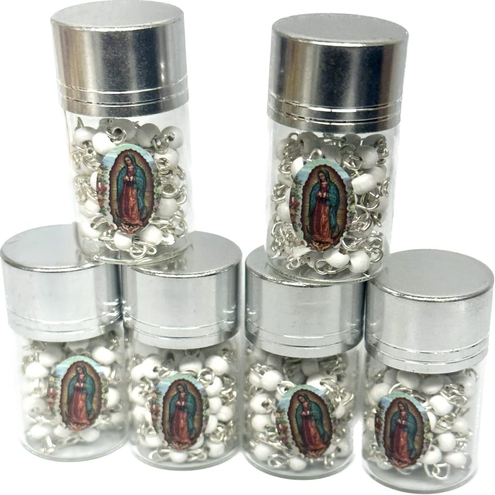 12pcs Our Lady Guadalupe Scented Rosary in Glass Gold Jar Bottle Beads Red Beaded Rosary Crucifix Necklace Virgin Mary Party Favors Recuerdos De Mi Bautizo Baptism Communion (White Silver)