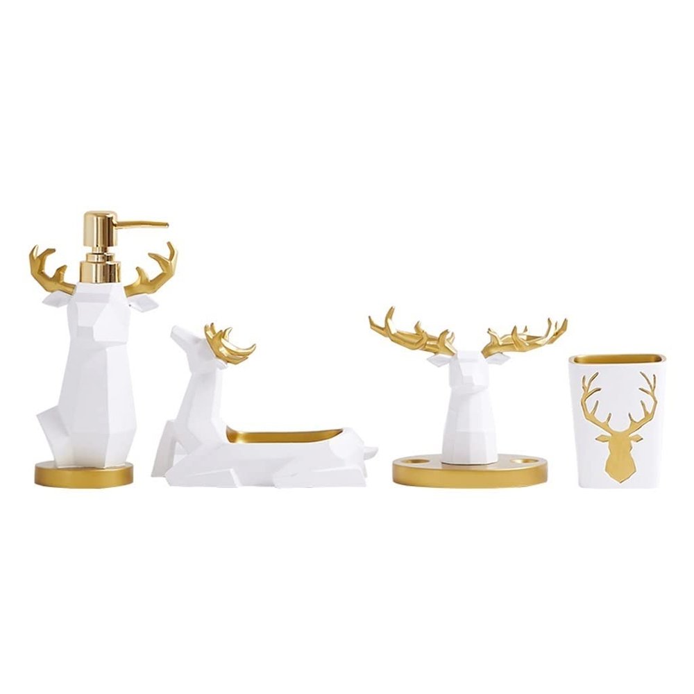 NOBRIM Bathroom Accessory Resin Bathroom Accessory Set 5 Piece Bath Accessories Sets Gold Deer Head Wash Set Toothbrush Holder & Dish Tumbler Soap Dispenser Bathroom Wash Set