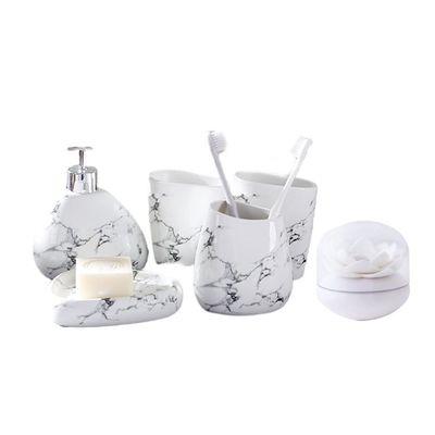 NOBRIM Bathroom Accessory 6pcs Imitation Marble Bathroom Accessories Set Soap Dispenser/Toothbrush Holder/Tumbler/Soap Dish/Cotton Swab Bathroom Wash Set Bathroom Wash Set