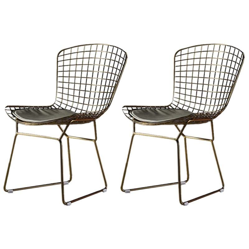 KWOKING Scandinavian Metal Bedroom Side Chair Cross Back Matte Finish Dining Chair Grid Hollow Chair Golden Dining Chair Wrought Iron Creative Chair Dressing Stool Gold with Gray Cushion Set of 2