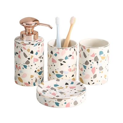 NOBRIM Bathroom Accessory 4-Piece Ceramic Bathroom Sets Rainbow Pattern Design Soap Dispenser Pump,Toothbrush Holder,Soap Dish,Tumbler Bathroom Accessory Sets Bathroom Wash Set