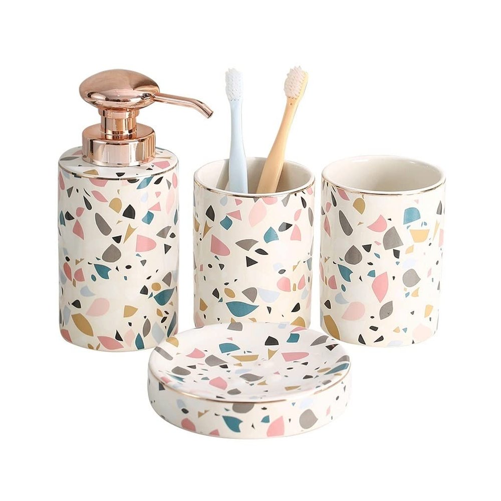 NOBRIM Bathroom Accessory 4-Piece Ceramic Bathroom Sets Rainbow Pattern Design Soap Dispenser Pump,Toothbrush Holder,Soap Dish,Tumbler Bathroom Accessory Sets Bathroom Wash Set