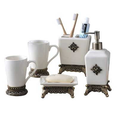NOBRIM Bathroom Accessory Ceramic Bathroom Sets 5pcs Bathroom Wash Set for Restroom Apartment Decor Stuff Lotion Bottle Cup Soap Dish Toothbrush Holder Tray Bathroom Wash Set