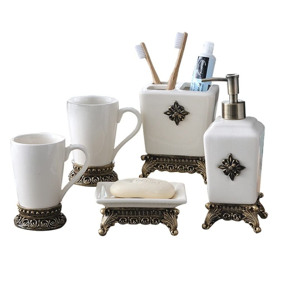 NOBRIM Bathroom Accessory Ceramic Bathroom Sets 5pcs Bathroom Wash Set for Restroom Apartment Decor Stuff Lotion Bottle Cup Soap Dish Toothbrush Holder Tray Bathroom Wash Set