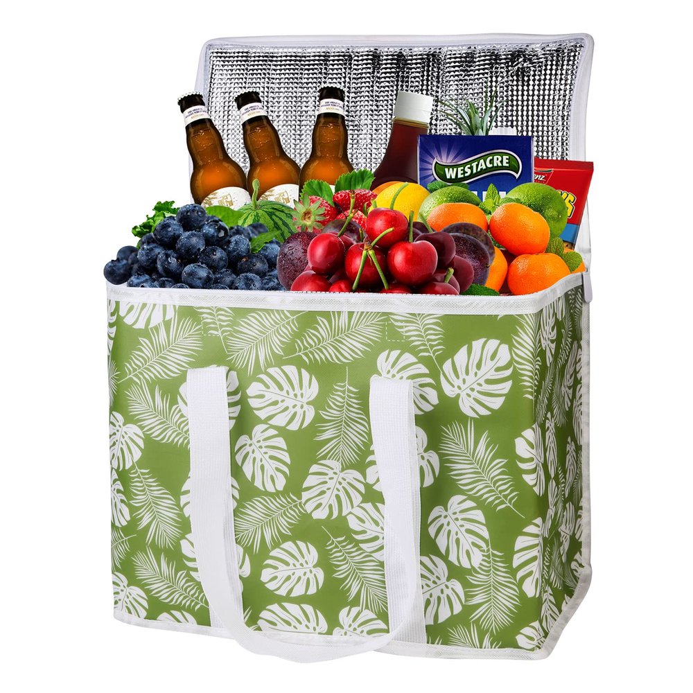 musbus 2-Pack extra Insulated Grocery shopping bag, large Green leaf, kitchen foldable reusable bags groceries,Sturdy zipper,Collapsible,tote,cooler,for transport women,Durable carrier