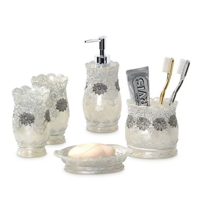NOBRIM Bathroom Accessory Resin Lace Bathroom 5Piece Bathroom Accessories Set Bathroom Wash Set Soap Dispenser Toothbrush Holder Tumbler & Soap Dish Bathroom Wash Set