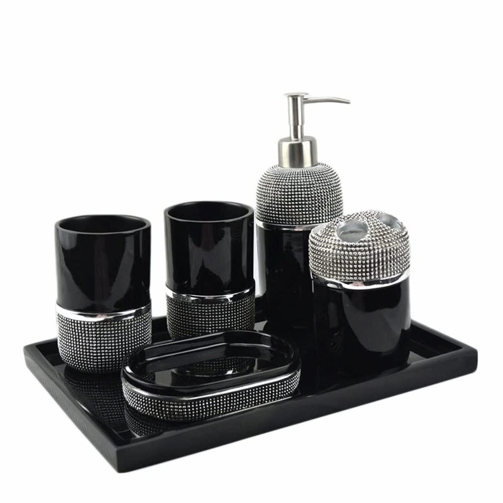NOBRIM Bathroom Accessory 5/6pieces Polyresin Bathroom Wash Set Lotion Dispenser Toothbrush Holder Cotton Jar Tray Tumbler Cup Bathroom Accessory Set Bathroom Wash Set