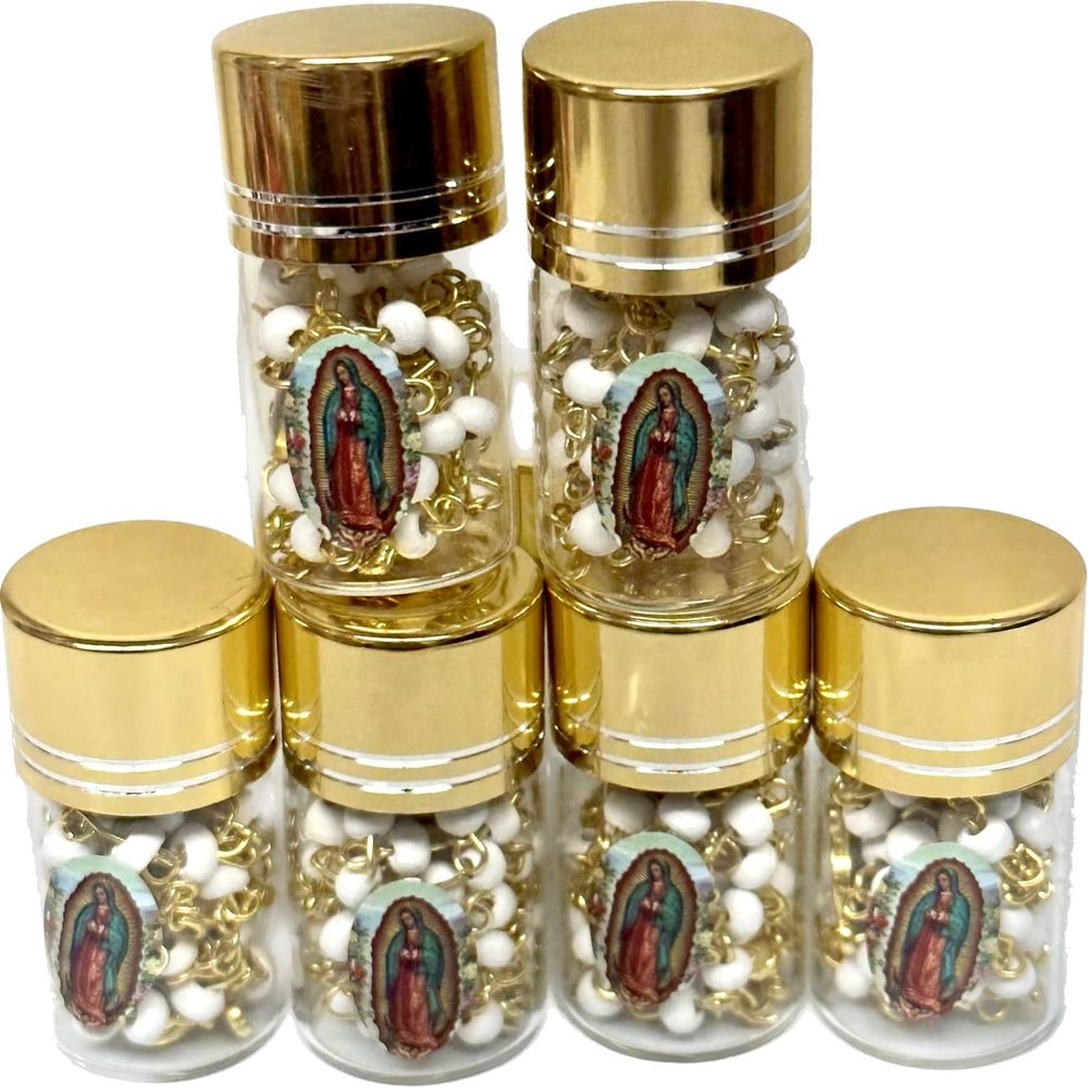 12pcs Our Lady Guadalupe Scented Rosary in Glass Gold Jar Bottle Beads Red Beaded Rosary Crucifix Necklace Virgin Mary Party Favors Recuerdos De Mi Bautizo Baptism Communion (White Gold)