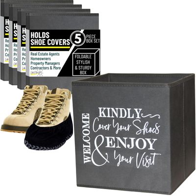 Life Charge Shoe Covers Box - Real Estate Open House Supplies for Realtor Listings. Shoe Cover Holder for Home asks to Please Cover Shoes - Fill with Shoe Booties - Indoor Use | 5 Pack Grey & White