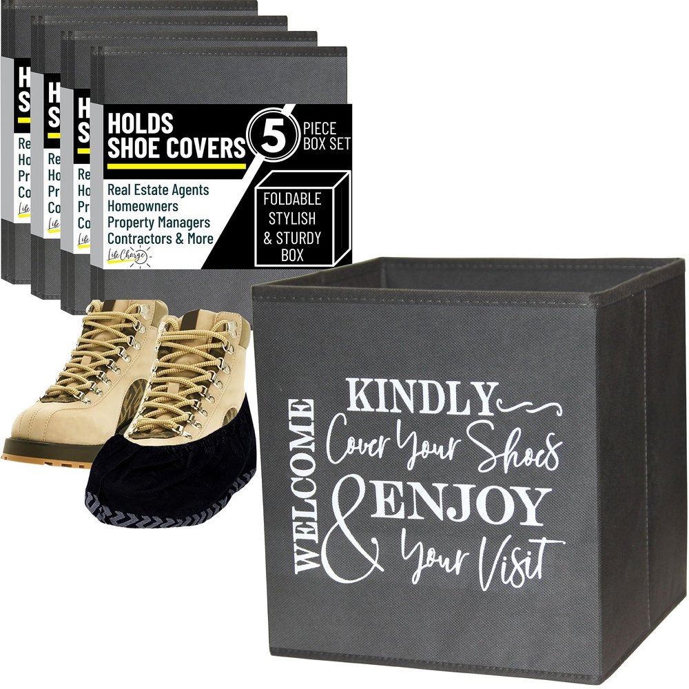Life Charge Shoe Covers Box - Real Estate Open House Supplies for Realtor Listings. Shoe Cover Holder for Home asks to Please Cover Shoes - Fill with Shoe Booties - Indoor Use | 5 Pack Grey & White
