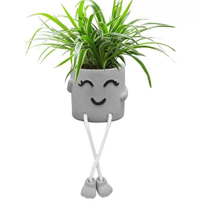 Uguisu 1 Piece Gray Cute Smiley Cement Planter, Small Plant Pot, Indoor Succulent Pot, Fun Planter with Hanging Feet for Living Room, Office, Desk and Bathroom Shelf Decor (Plants Not Included).