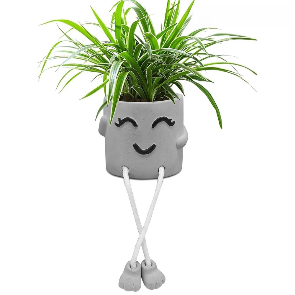 Uguisu 1 Piece Gray Cute Smiley Cement Planter, Small Plant Pot, Indoor Succulent Pot, Fun Planter with Hanging Feet for Living Room, Office, Desk and Bathroom Shelf Decor (Plants Not Included).