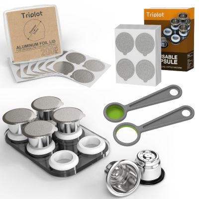 Triplot 6pcs Refillable Coffee Pods Sets & 200pcs Aluminum Lids for Reusable Capsules Compatible for Nespresso OriginalLine Machine