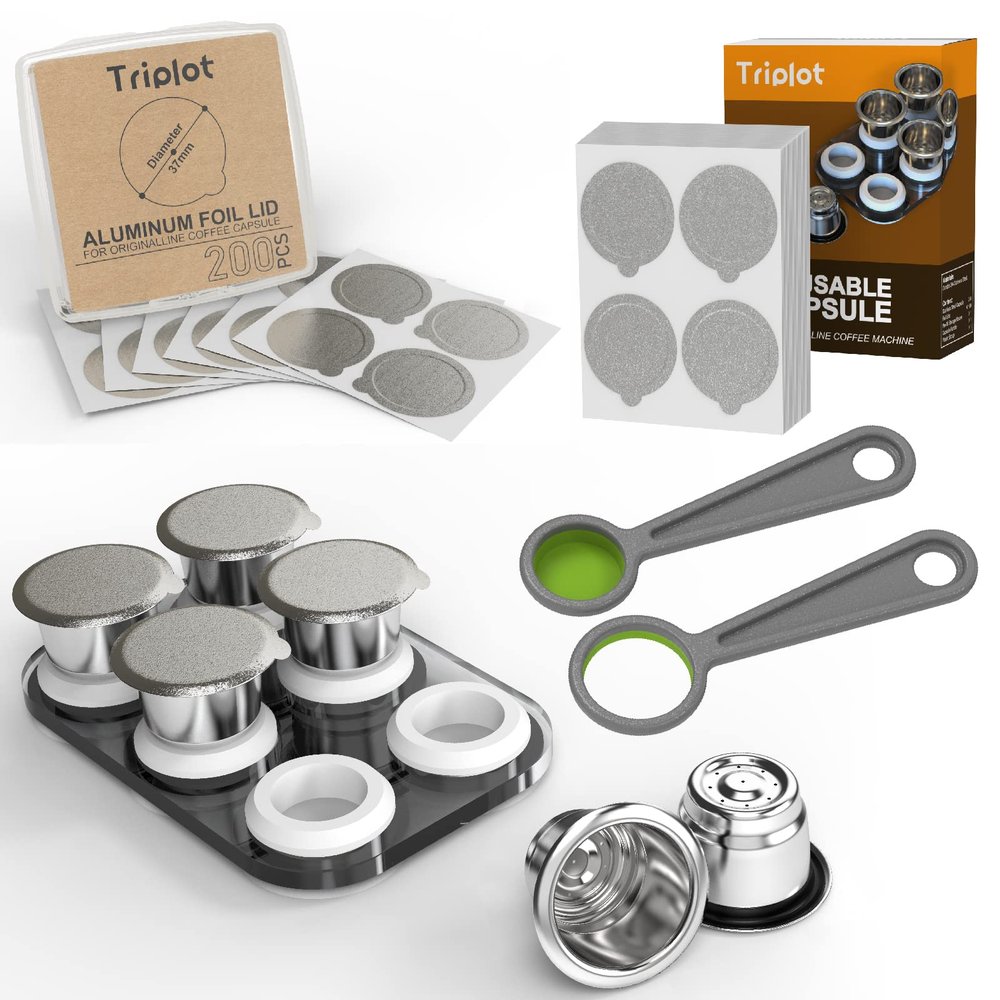 Triplot 6pcs Refillable Coffee Pods Sets & 200pcs Aluminum Lids for Reusable Capsules Compatible for Nespresso OriginalLine Machine