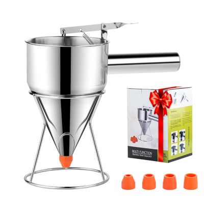 20oz Pancake Batter Dispenser, Stainless Steel 4 Caliber Funnel Cake Dispenser with Stand Great for Pancakes, Cupcakes and Baked Goods
