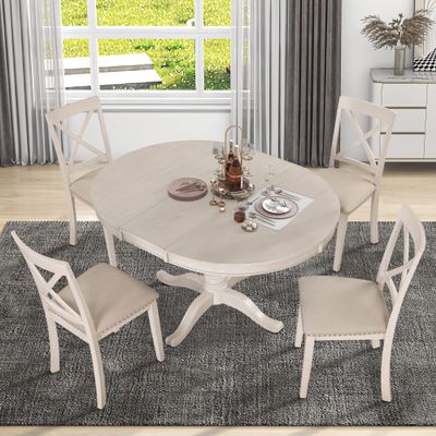 Bellemave 5 Piece Kitchen Dining Table Set,Extendable Table and 4 Upholstered Chairs,Wooden Round Table Set for Dining Room,Dinette,Breakfast Nook (42'' 54'',Antique White)
