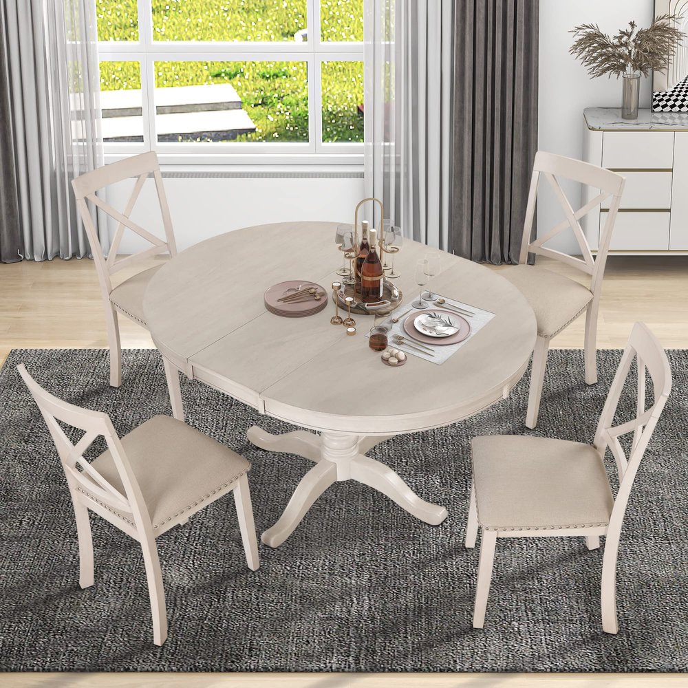 Bellemave 5 Piece Kitchen Dining Table Set,Extendable Table and 4 Upholstered Chairs,Wooden Round Table Set for Dining Room,Dinette,Breakfast Nook (42'' 54'',Antique White)