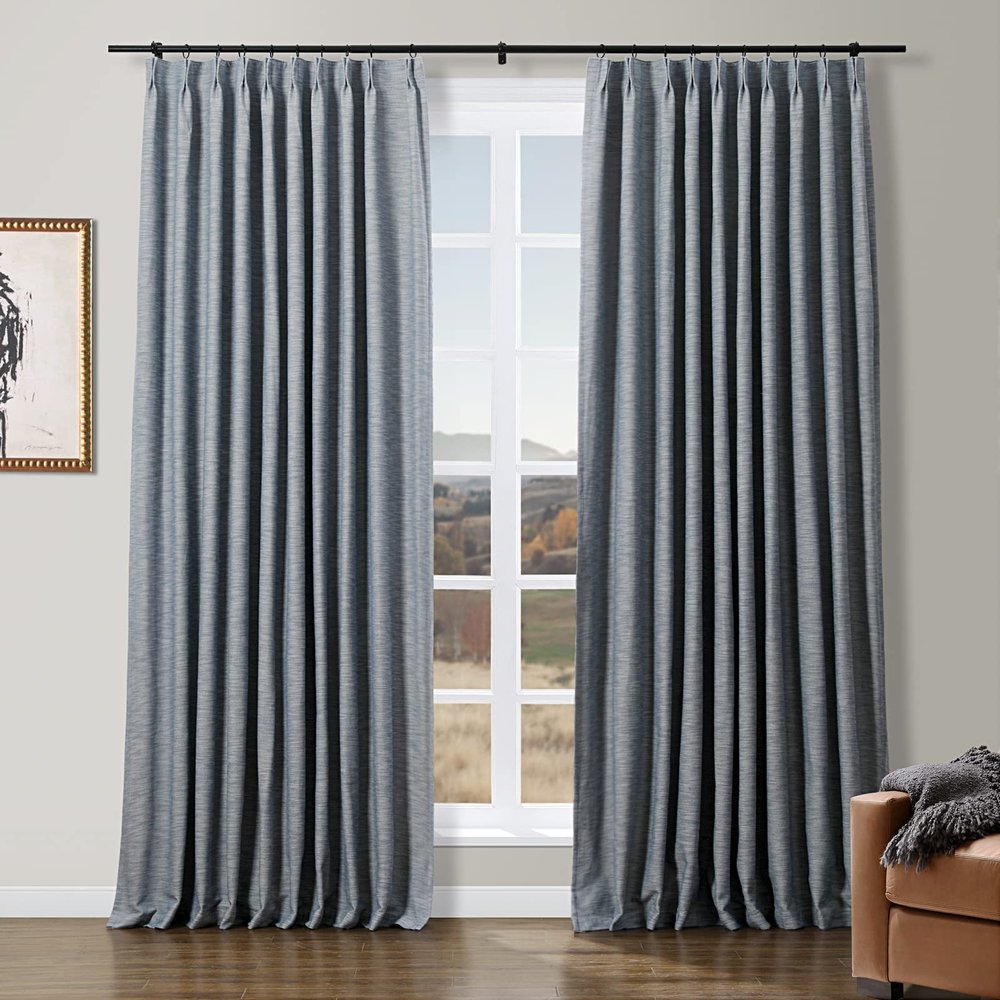 ChadMade Cotton Blend Pinch Pleated Curtain with Privacy Cotton Interlining for Traverse Rod Room Darkening Drapery Denim 84Wx96L Single Curtain Panel, Simon Collection