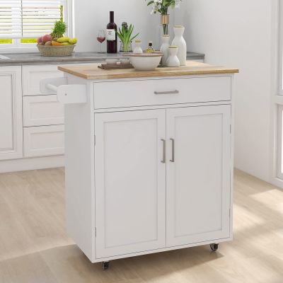 SAYGI Kitchen Island Rolling Trolley Cart Mobile Serving Cart with Rubber Wood Table Top and Towel Rack, 32.68''L X 17.72''W X 36.02''H, 1 Drawer & 1 Door Cabinet with Shelf, 2 Lockable Wheels, White