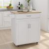 SAYGI Kitchen Island Rolling Trolley Cart Mobile Serving Cart with Rubber Wood Table Top and Towel Rack, 32.68''L X 17.72''W X 36.02''H, 1 Drawer & 1 Door Cabinet with Shelf, 2 Lockable Wheels, White view 1