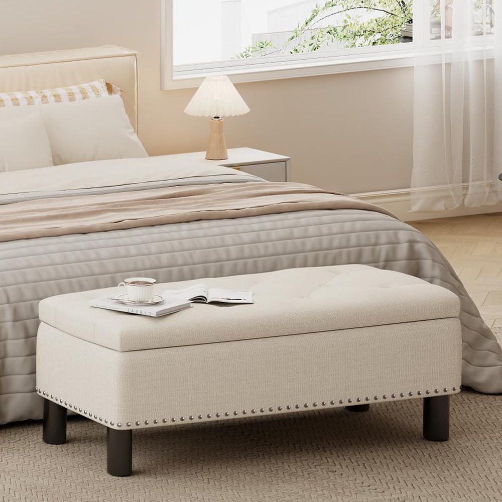 Furniliving Large Storage Ottoman, Beige, Wood Frame, Linen Fabric, 285 Lbs Capacity