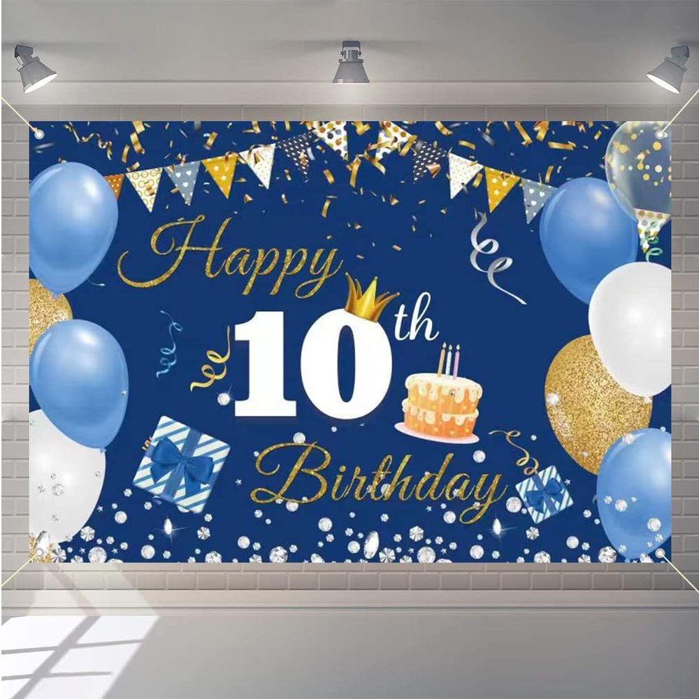 10th Birthday Decorations Backdrop Banner for Boys/Girls Happy 10 Years Old Fabric Sign Poster, Blue Photography Background 10th Birthday Party Supplies, 59"x35.4"