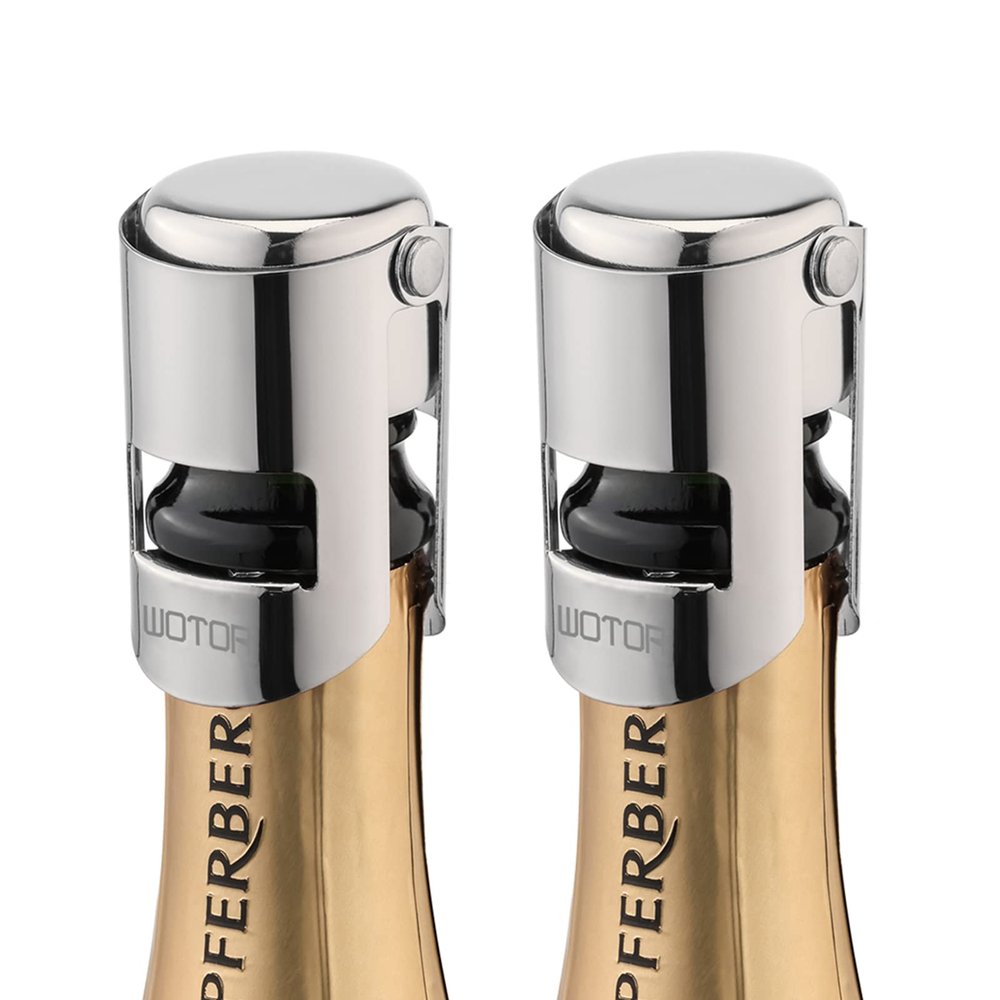 WOTOR Champagne Stoppers Stainless Steel, Prosecco Bottle Stopper with Food Grade Silicone, Reusable Champagne Cork & Saver, Leak proof Keep Fresh (Silver, 2 Pack)