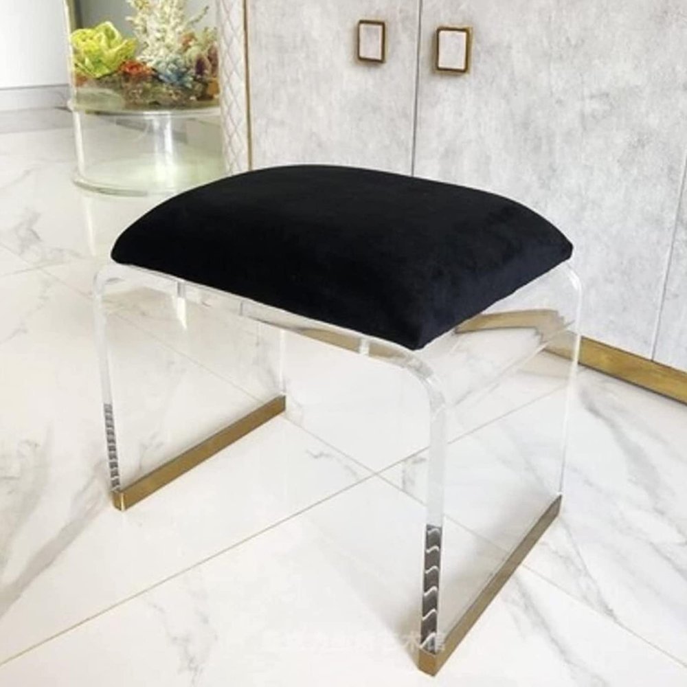 QQXX Acrylic Stool with Velvet Padded Seat,Clear Acrylic Nightstand Square End Table Side Table,Modern Small Step Stool Short Stool Makeup Room Vanity Stool(Large, Black)