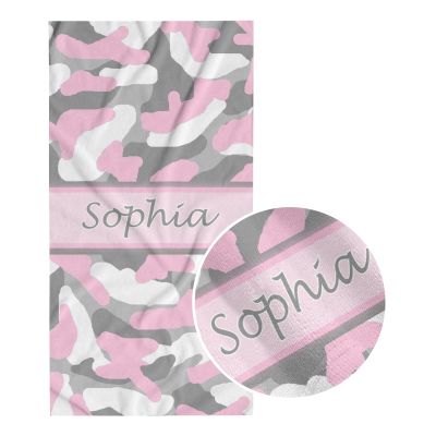Grey Gray Pink Camo Camouflage Beach Towel Personalized Custom Name Bath Towels for Women Men Kids 30 x 60 Inch