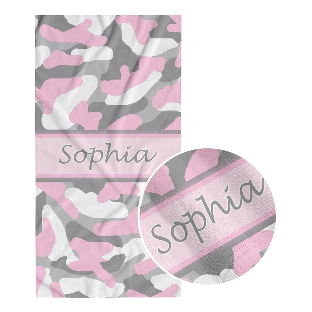 Grey Gray Pink Camo Camouflage Beach Towel Personalized Custom Name Bath Towels for Women Men Kids 30 x 60 Inch