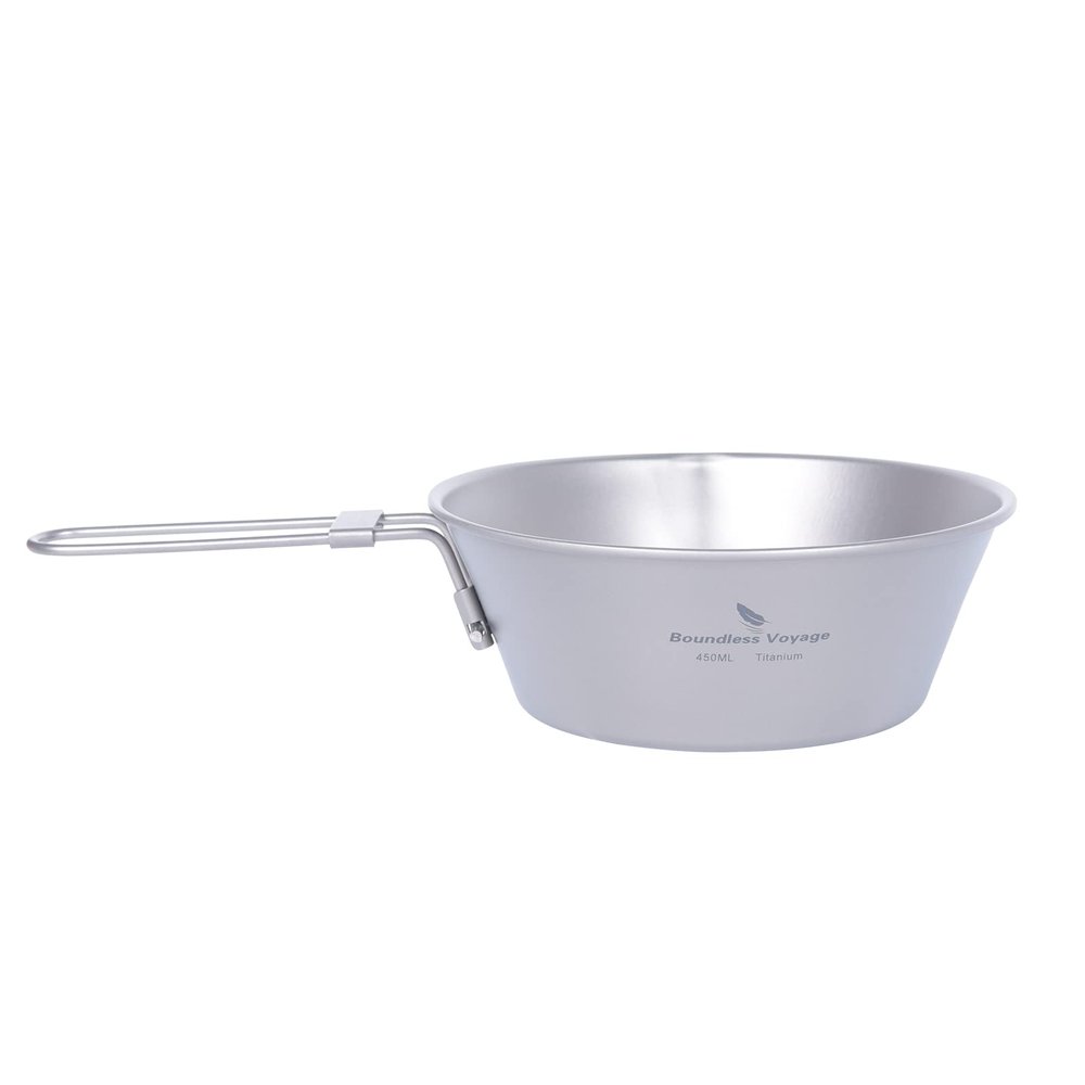 iBasingo 450ml/15oz Titanium Bowl with Folding Handle Portable Lightweight Tableware for Outdoor Camping Picnic Kitchen US-Ti1088T
