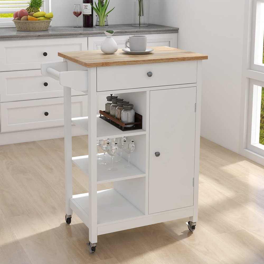Kitchen Island Rolling Trolley Cart with Towel Rack, Rubber Wood Table Top, Mobile Serving Cart, 25.98''L X 15.55''W X 34.06''H, 3 Open Shelves, 1 Drawer and 1 Door Cabinet, Easy Assembly, White